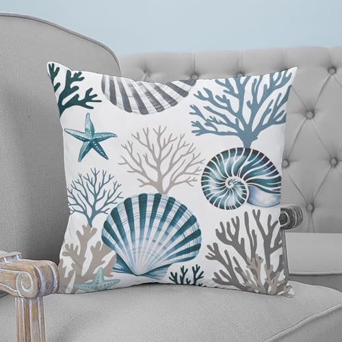 18x18 Pillow Covers Set of 2, Coastal Blue Shells Throw Pillow Covers