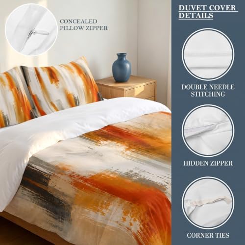 Orange Beige Gray Duvet Cover Set 3 Pieces with Zipper Closure