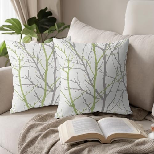 Sage Green Gray Tree Pillow Covers 18x18 Inch Grey Green Branch Print