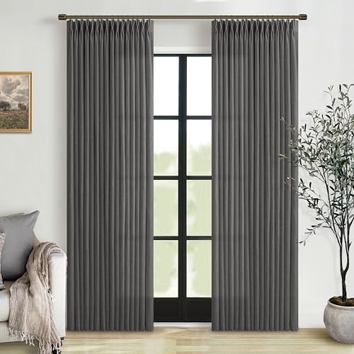Pinch Pleat Flax Linen Semi Sheer Memory Shape Curtains Charcoal Grey