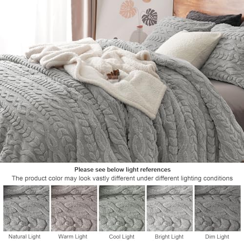 PHF Fluffy Sherpa Fleece King Comforter Set, Grey