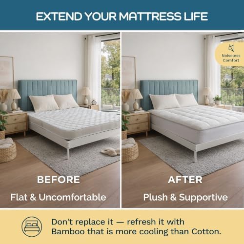 Olive + Crate Bamboo Mattress Topper, Queen Size Pillow Top Pad, 60"x