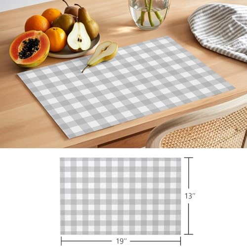 Light Gray Checks Placemats Set of 8, Gingham Plaid Abstract Modern