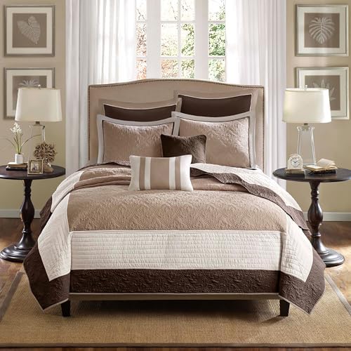 Madison Park Reversible Breathable Coverlet Beige Queen Quilt Set, 7pc