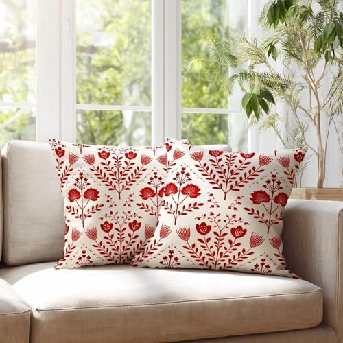 Nordic Folk Floral Throw Pillow Covers 18x18 Set of 2 | Red