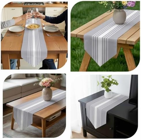 Light Grey Striped Table Runner Linen Burlap Table Runner 72 Inches