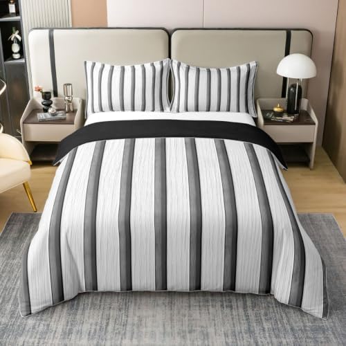 Feelyou White Grey Striped Duvet Cover 100% Cotton King Size