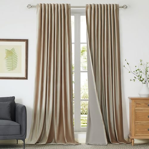 100% Full Blackout Champagne Beige Polyester Velvet Curtains 96 inch