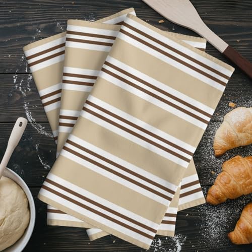 Sand Beige Stripes Kitchen Towels Set of 3, Brown White Khaki Lines