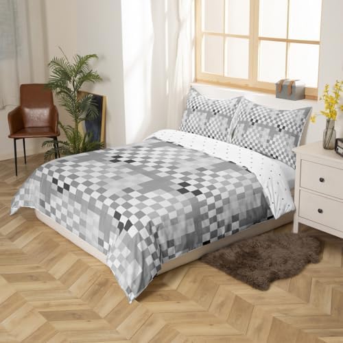 Geometric Grid Duvet Cover Set Queen Size,Gray Checkered Art Abstract