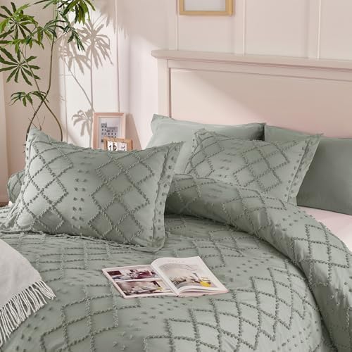 VACVELT 5PCS Light Grey Boho Tufted Duvet Cover Full Size, Zipper &