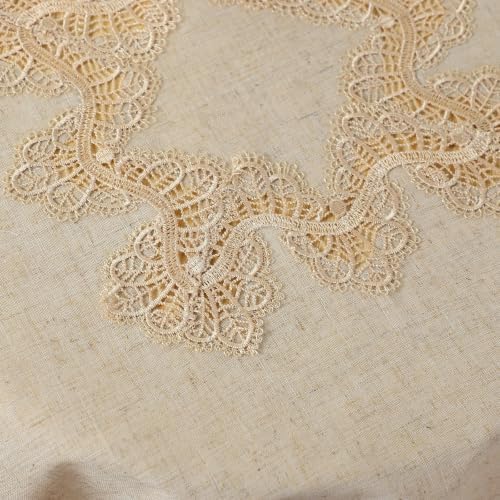 Table Cloth Cover Round 70 inch, Linen Look with Lace Trim Farmhouse