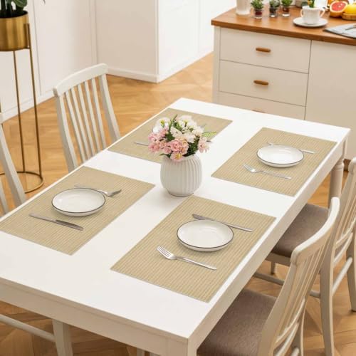 Woven Texture Placemats Set of 8, Beige Straw Weave Check Rustic