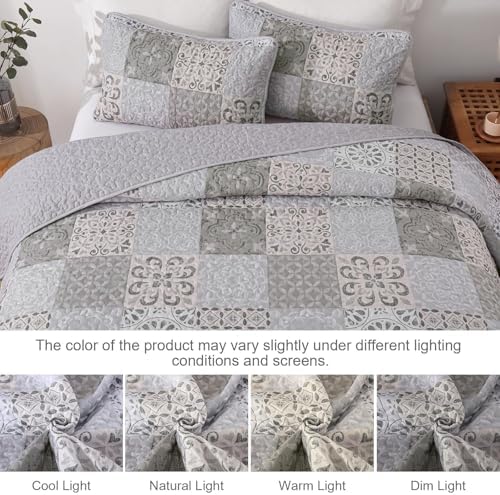 Dobuyly Queen Size Quilt Set Boho Grey Beige Plaid Patchwork