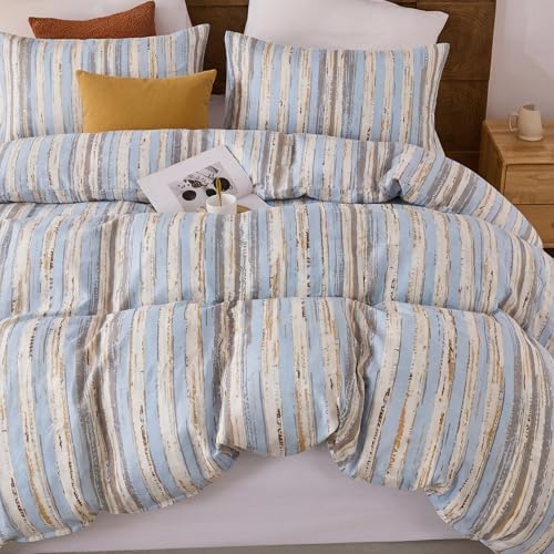 Herside 100% Cotton Striped Duvet Cover Set King Size, Gray Blue