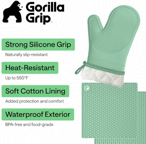 GORILLA GRIP BPA-Free Silicone Oven Mitts and Pot Holders Set, Mint