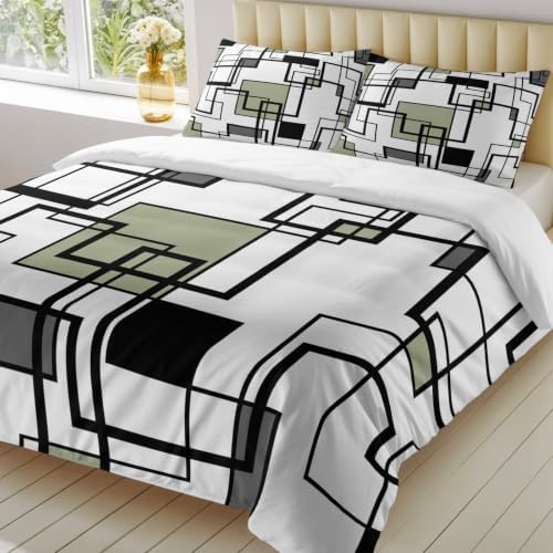 Sage Green Black Gray California King Duvet Cover Set, Abstract