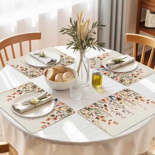 Hello Fall Faux Leather Placemats Set of 6, 12x18in, Waterproof Heat