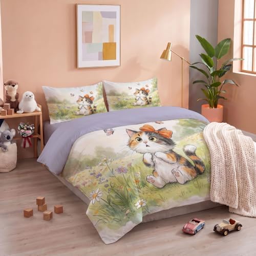 Sage Green Cute Cat Garden Duvet Cover Set For Women Girls 3 Pcs Cute