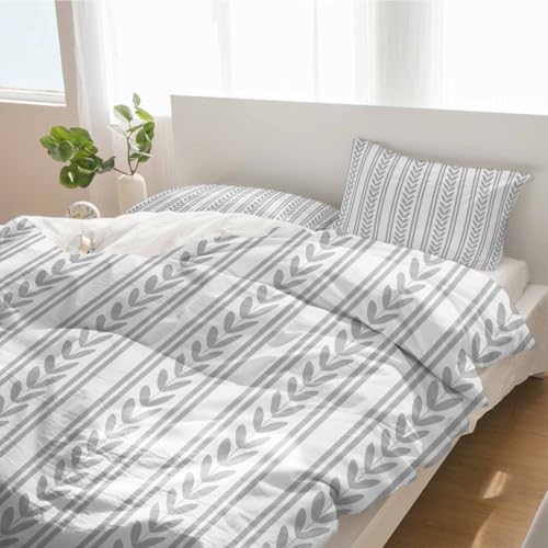 Duvet Cover Set Queen, Modern Rustic Boho Leaves Stripe 3 Piece