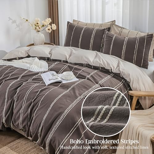 Simple&Opulence 100% Cotton Striped Duvet Cover Set King Size, 3Pcs