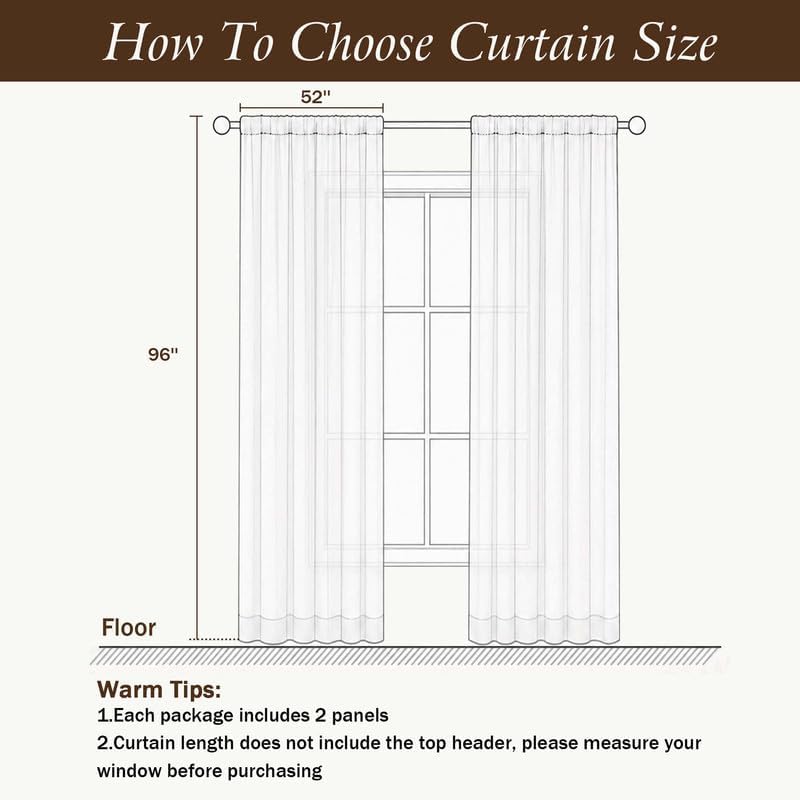 Simplebrand Ivory Sheer Long Curtains 96 Inches Long 2 Panels, 52 W x