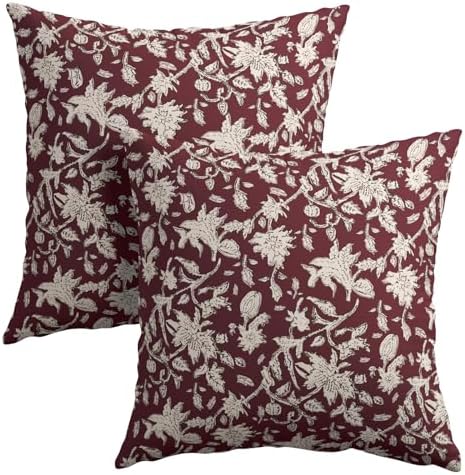 Wine Red Floral Block Print Throw Pillow Covers 18x18 Inch Set of 2