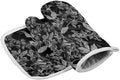 Quilted Cotton Terry Cloth Oven Mitt, Pot Holder Grey Floral Leaves
