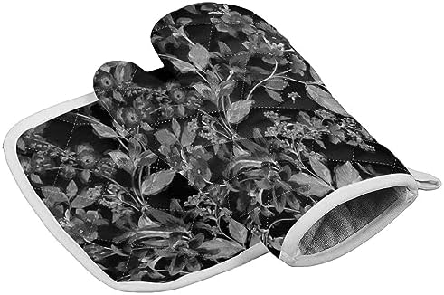 Quilted Cotton Terry Cloth Oven Mitt, Pot Holder Grey Floral Leaves
