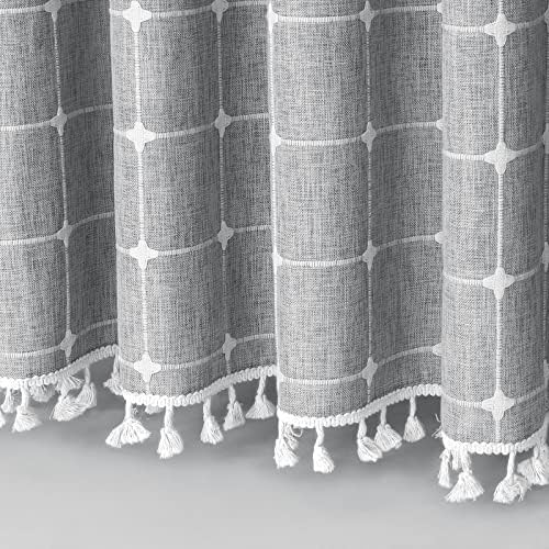 Boho Farmhouse Classic Plaid Linen Tassel Shower Curtain Grey,72x72