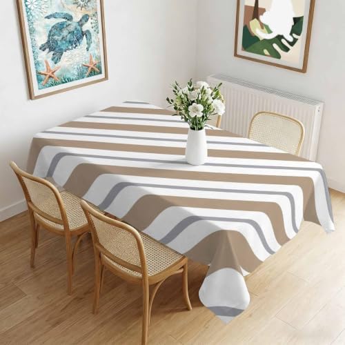 Beige Grey Stripe Waterproof Tablecloth Rectangle Washable Table