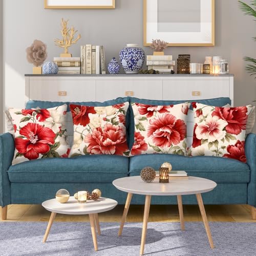Vintage Chinoiserie Red Floral Throw Pillow Covers 18x18 in Set 4