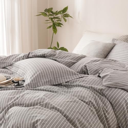 3Pcs Grey White Striped Queen Duvet Cover Set Washed Cotton