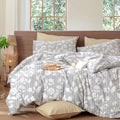 Gray Floral Duvet Cover Set King Size, Light Gray Leaf Floral Stripe