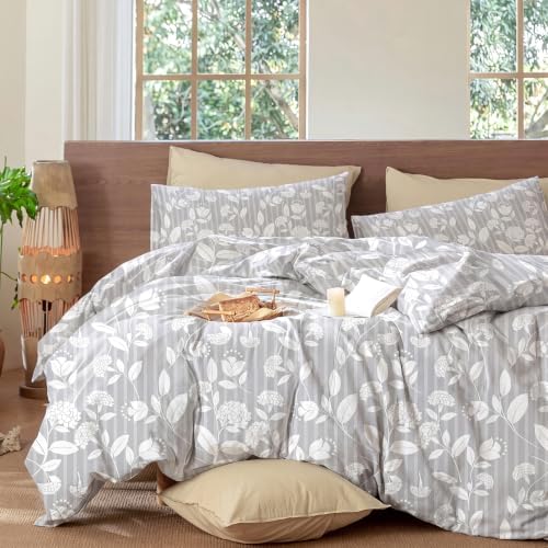 Gray Floral Duvet Cover Set King Size, Light Gray Leaf Floral Stripe