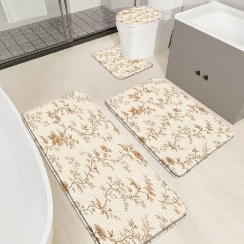 Cream Brown Floral Vine Bathroom Rugs Sets 4 Pcs