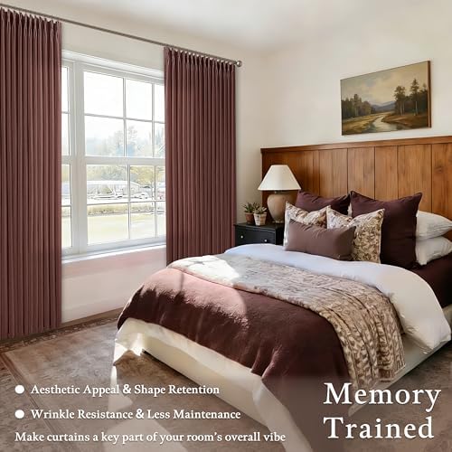 Chestnut Brown Thick Linen Pleated Light Filtering Curtains 96 Inch