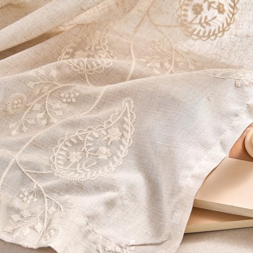 jinchan Linen Curtains 63 Inch Ivory Floral Drapes Back Tab 2 Panels