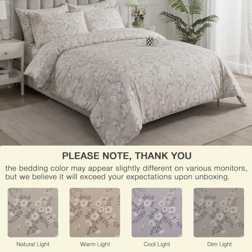 Gray-Beige Floral Duvet Cover Set Queen Size, 100% Cotton Percale