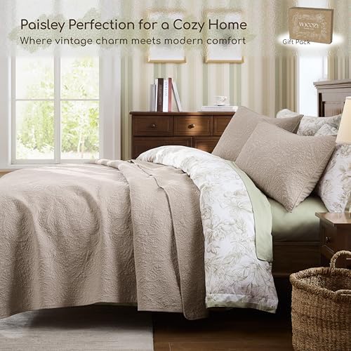 WDCOZY King 100% Cotton Paisley Quilt Bedding Set Beige Comforter