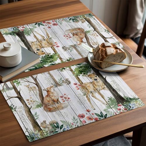 Placemats Set of 8, Spring Forest Animals Woven Placemat, Linen Place