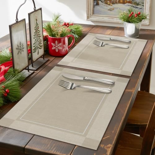 Beige Plaid Placemats Set of 4, Cotton Linen Fabric Place Mats