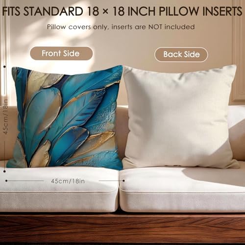 OBSEDE Teal Gold Leaf Decorative Throw Pillow Covers 18 x 18 Inch Set