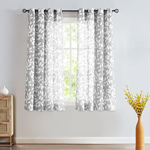 Grey Semi Sheer Leaf Curtains 52x63" Semi Sheer Panels Privacy Drapes
