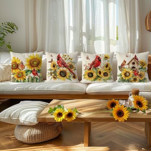 GAGEC Summer Pillow Covers 20x20 Inch Set of 4 Cardinal Sunflower