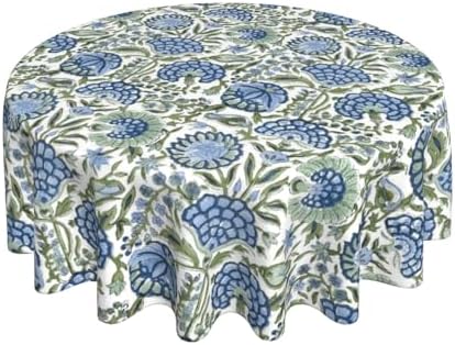 Blue Sage Green Floral Round Tablecloth 70 Inch Chinoiserie Flower