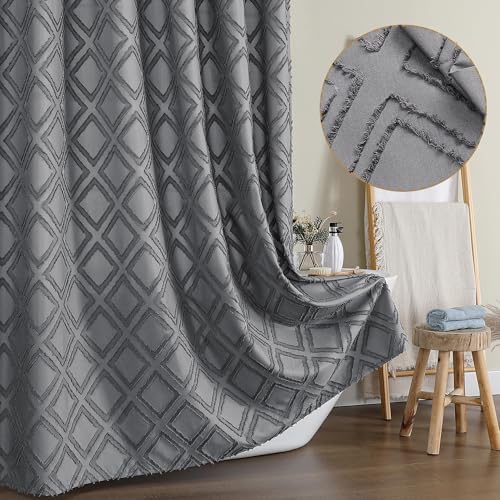 OWENIE Grey Shower Curtain Set, Jacquard Geometric Textured Fabric