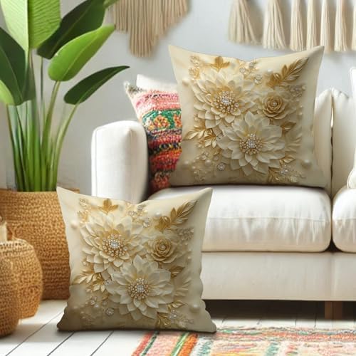 Elegant Floral Printing Pillow Covers Set of 2, Cream Gold Decorative