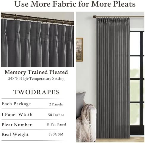 Dark Grey Pinch Pleat Linen Light Filtering Privacy Curtains 108 Inch
