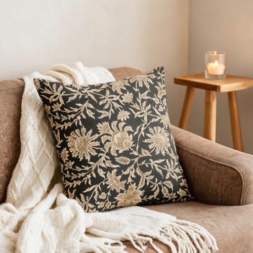 Vintage Floral Pillow Covers 18x18 Set of 2 Dark Grey Retro Botanical